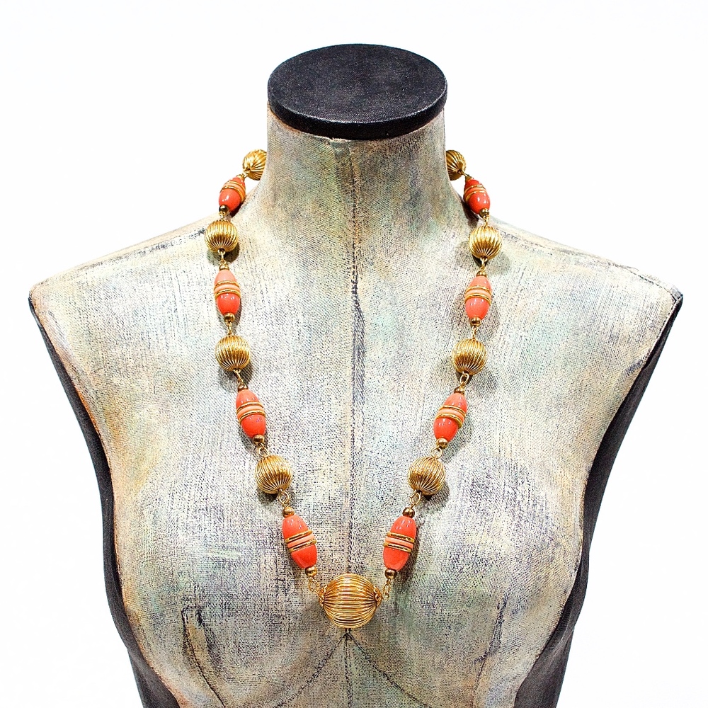 VTG 60's Brass Coral Resin Necklace